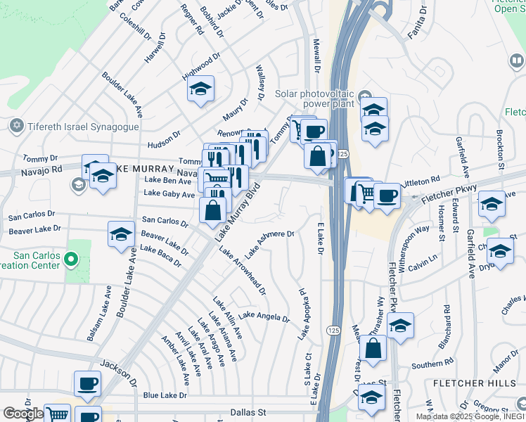 map of restaurants, bars, coffee shops, grocery stores, and more near 8765 Lake Murray Boulevard in San Diego