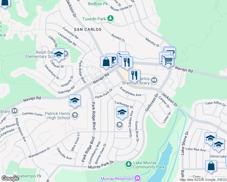map of restaurants, bars, coffee shops, grocery stores, and more near 6925 Hyde Park Drive in San Diego
