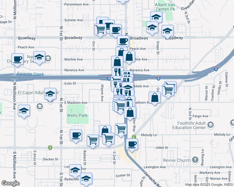 map of restaurants, bars, coffee shops, grocery stores, and more near 524 North 2nd Street in El Cajon