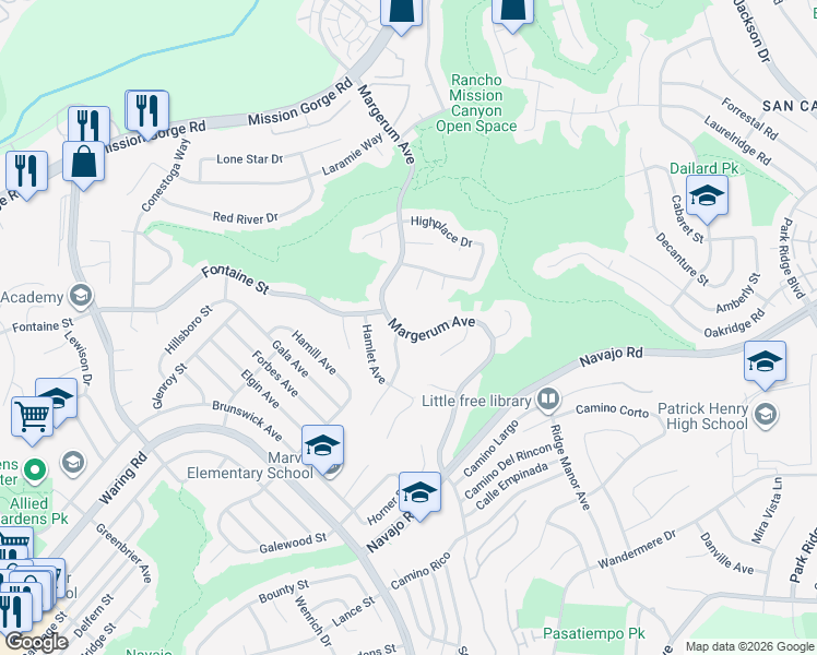 map of restaurants, bars, coffee shops, grocery stores, and more near 7391 Margerum Avenue in San Diego