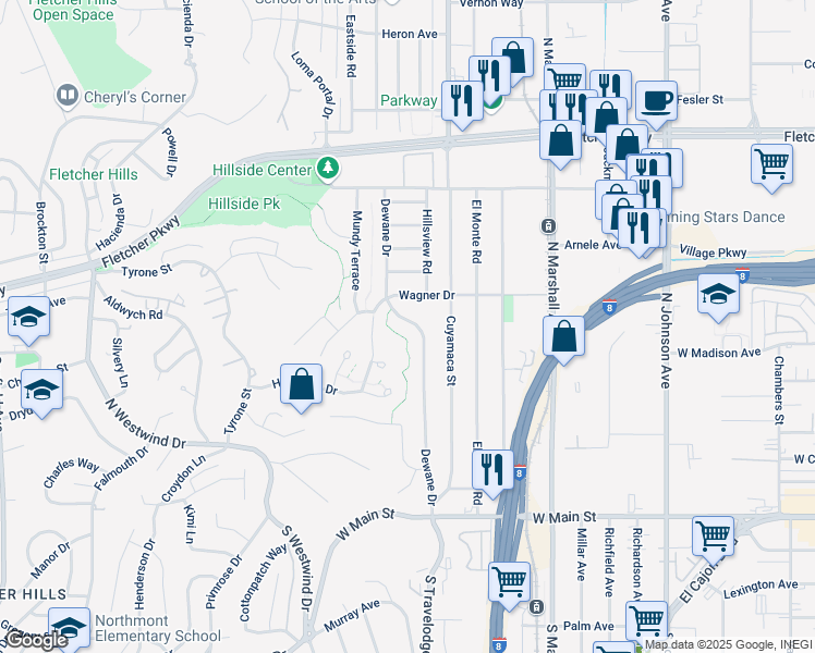 map of restaurants, bars, coffee shops, grocery stores, and more near 1459 Wagner Drive in El Cajon