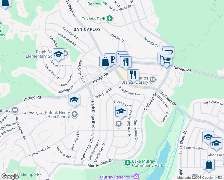 map of restaurants, bars, coffee shops, grocery stores, and more near 6925 Hyde Park Drive in San Diego