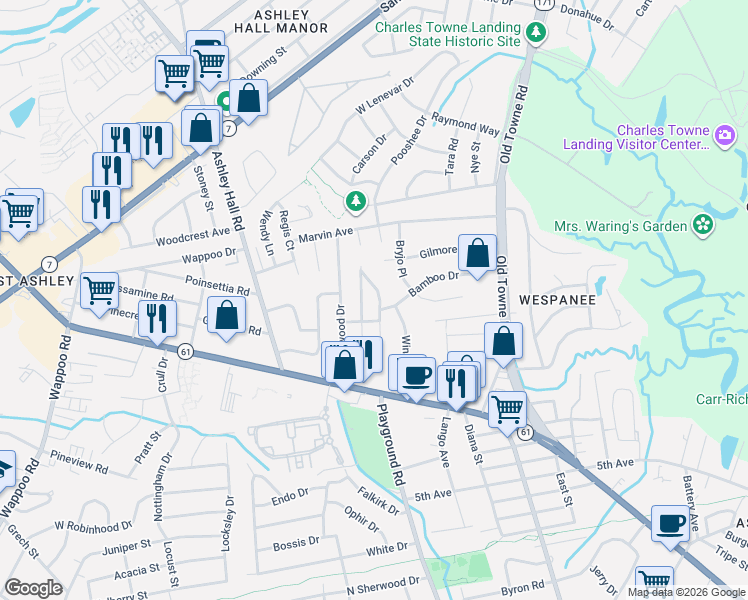 map of restaurants, bars, coffee shops, grocery stores, and more near 21 Murray Hill Drive in Charleston