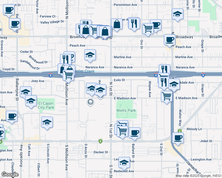 map of restaurants, bars, coffee shops, grocery stores, and more near 569 North 1st Street in El Cajon