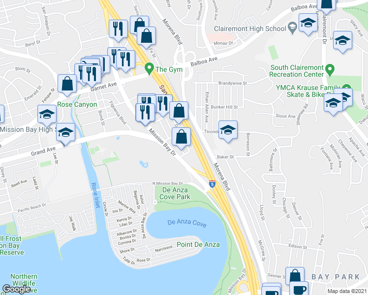 map of restaurants, bars, coffee shops, grocery stores, and more near 3455 Del Rey Street in San Diego