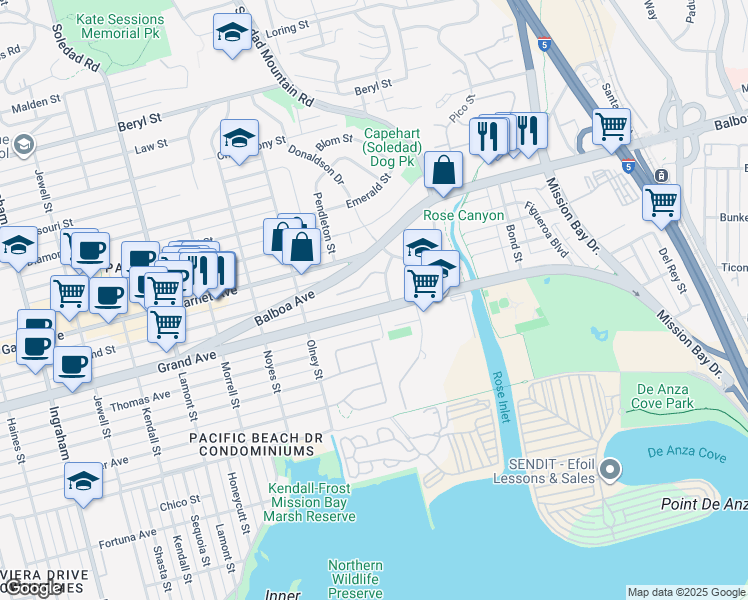 map of restaurants, bars, coffee shops, grocery stores, and more near 2373 Culver Way in San Diego