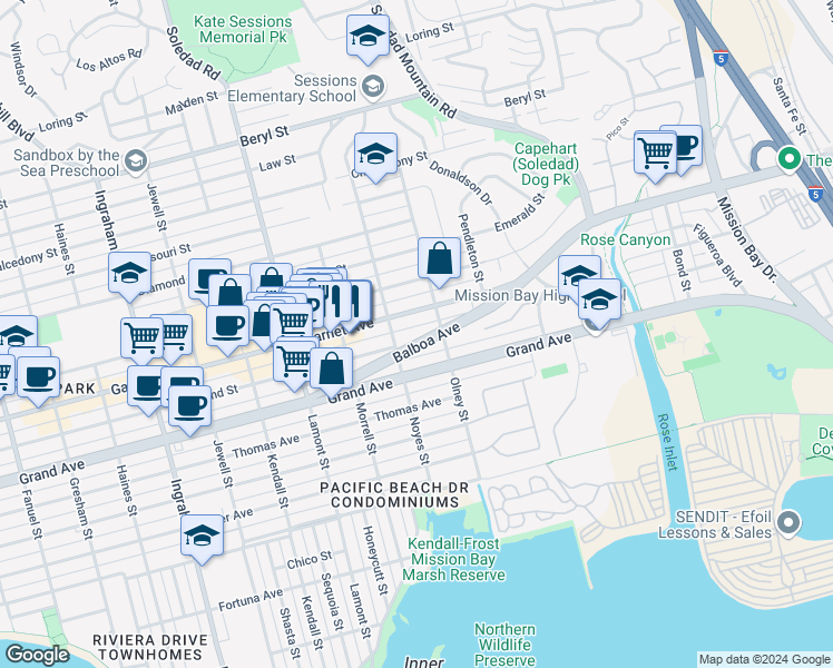 map of restaurants, bars, coffee shops, grocery stores, and more near 2138 Garnet Avenue in San Diego
