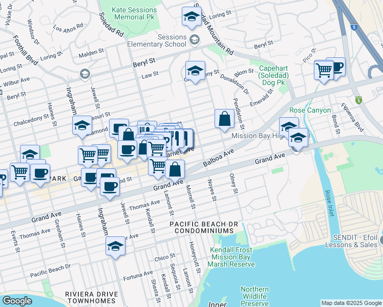 map of restaurants, bars, coffee shops, grocery stores, and more near 2050 Garnet Avenue in San Diego