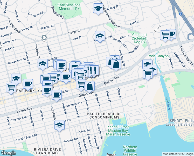 map of restaurants, bars, coffee shops, grocery stores, and more near 2050 Garnet Avenue in San Diego