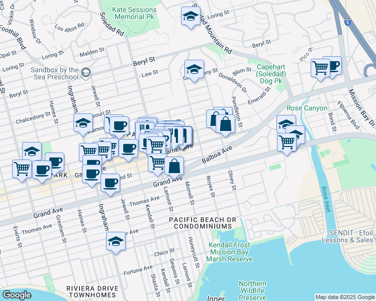 map of restaurants, bars, coffee shops, grocery stores, and more near 2050 Garnet Avenue in San Diego