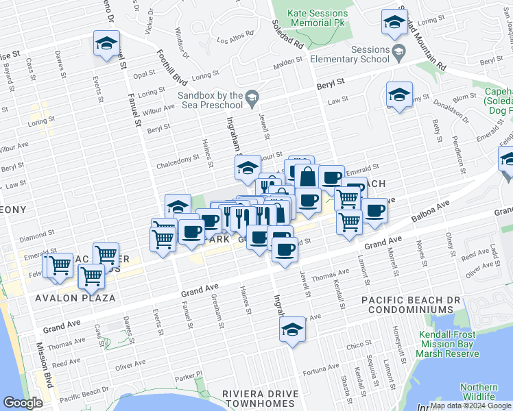map of restaurants, bars, coffee shops, grocery stores, and more near in San Diego