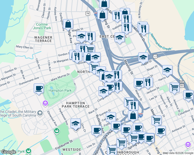 map of restaurants, bars, coffee shops, grocery stores, and more near 967 King Street in Charleston