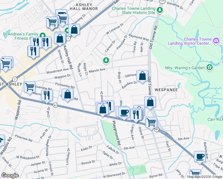 map of restaurants, bars, coffee shops, grocery stores, and more near 21 Murray Hill Drive in Charleston