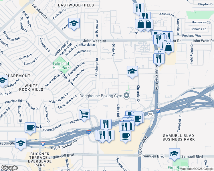 map of restaurants, bars, coffee shops, grocery stores, and more near 1540 Chenault Street in Dallas