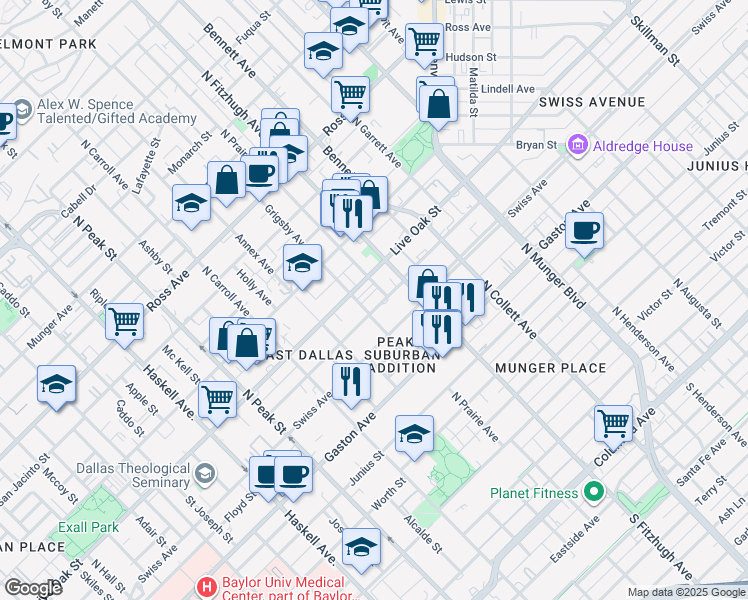 map of restaurants, bars, coffee shops, grocery stores, and more near 4760 Asher Place in Dallas