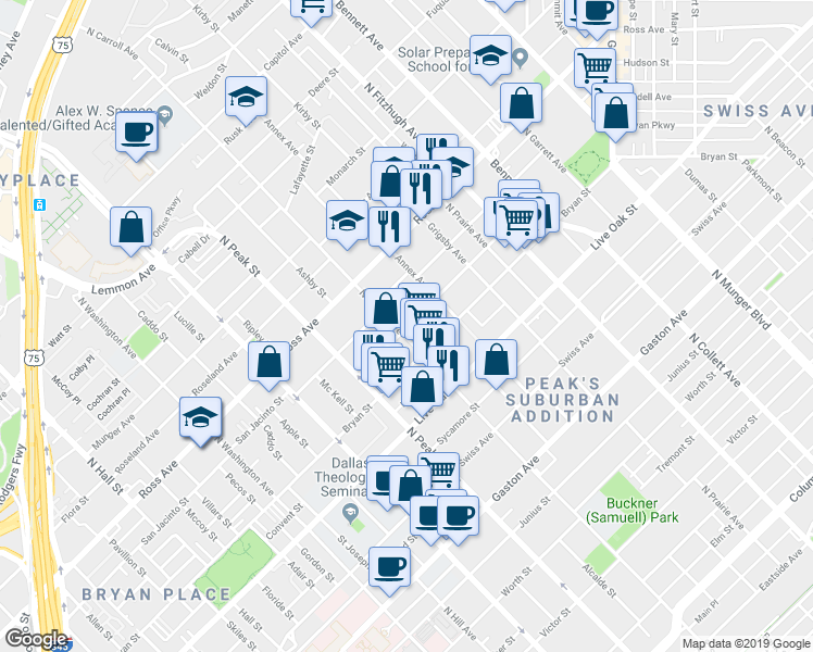 map of restaurants, bars, coffee shops, grocery stores, and more near 1519 Holly Avenue in Dallas