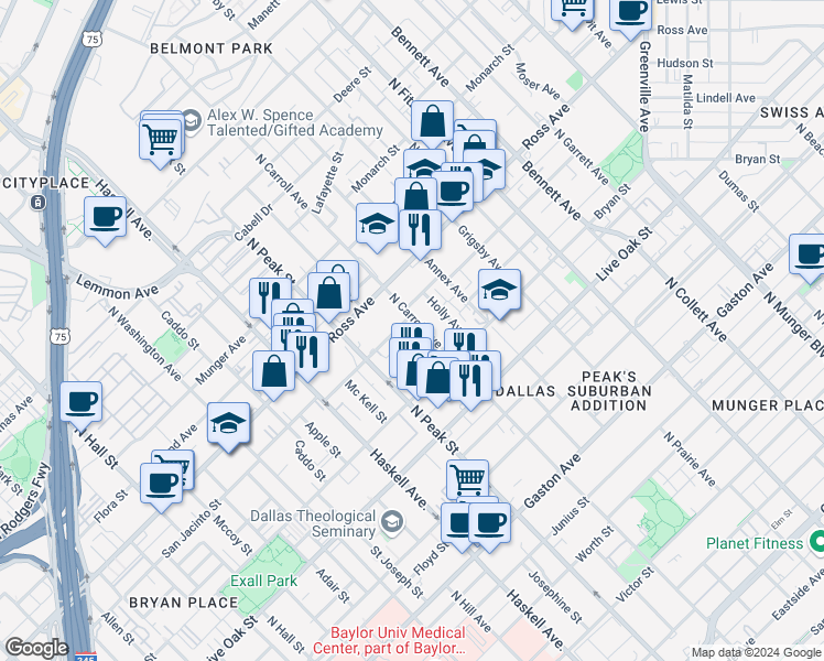 map of restaurants, bars, coffee shops, grocery stores, and more near 1607 North Carroll Avenue in Dallas