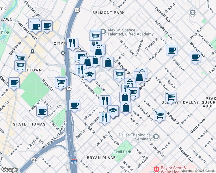 map of restaurants, bars, coffee shops, grocery stores, and more near 2014 Lucille Street in Dallas