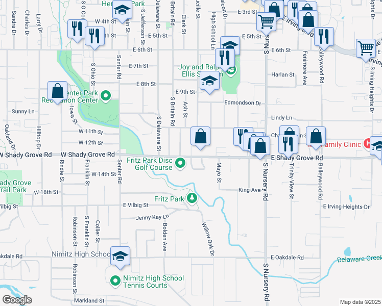 map of restaurants, bars, coffee shops, grocery stores, and more near 114 Shady Terrace Loop in Irving