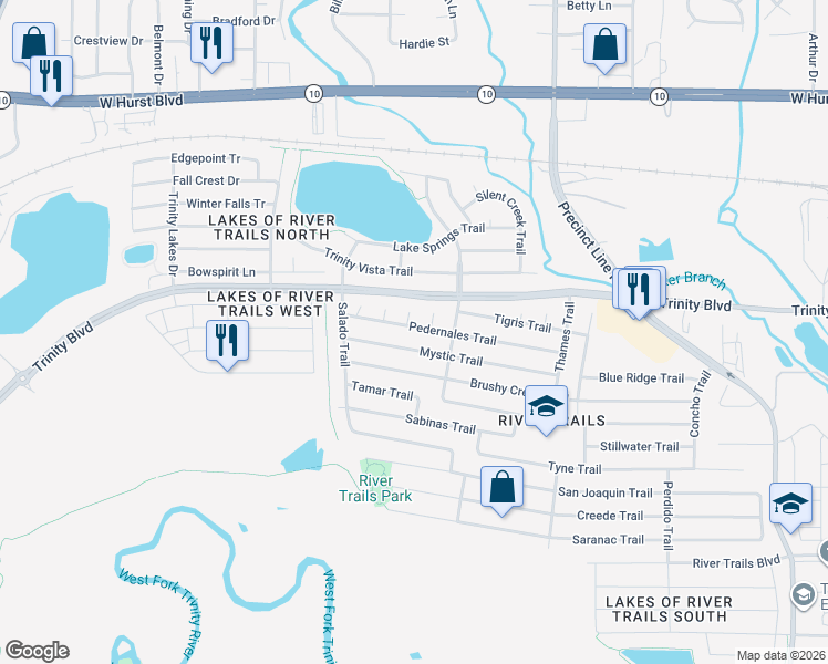 map of restaurants, bars, coffee shops, grocery stores, and more near 2909 San Gabriel Court in Fort Worth