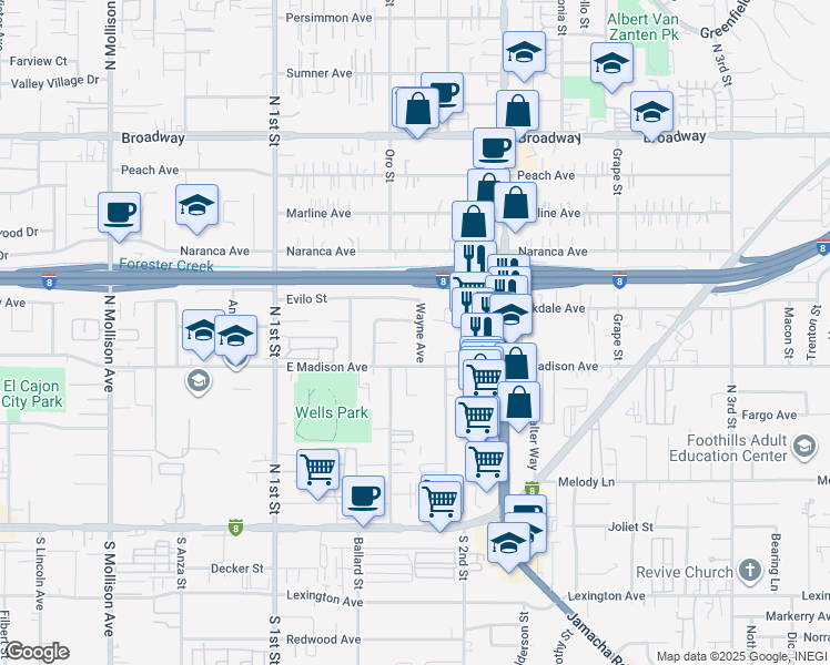 map of restaurants, bars, coffee shops, grocery stores, and more near 530 Wayne Avenue in El Cajon