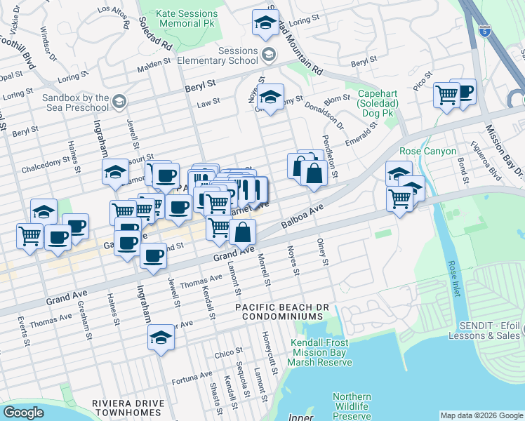 map of restaurants, bars, coffee shops, grocery stores, and more near 2033 Garnet Avenue in San Diego