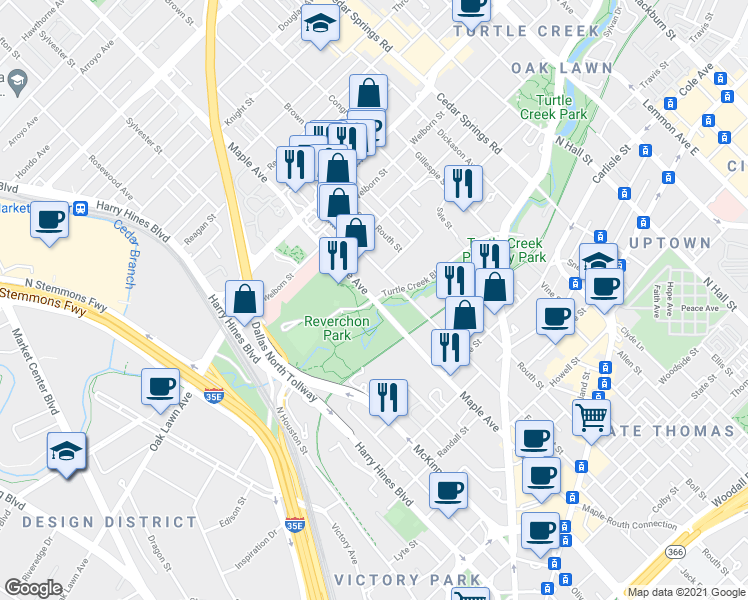 map of restaurants, bars, coffee shops, grocery stores, and more near Maple Ave & Turtle Creek Blvd in Dallas