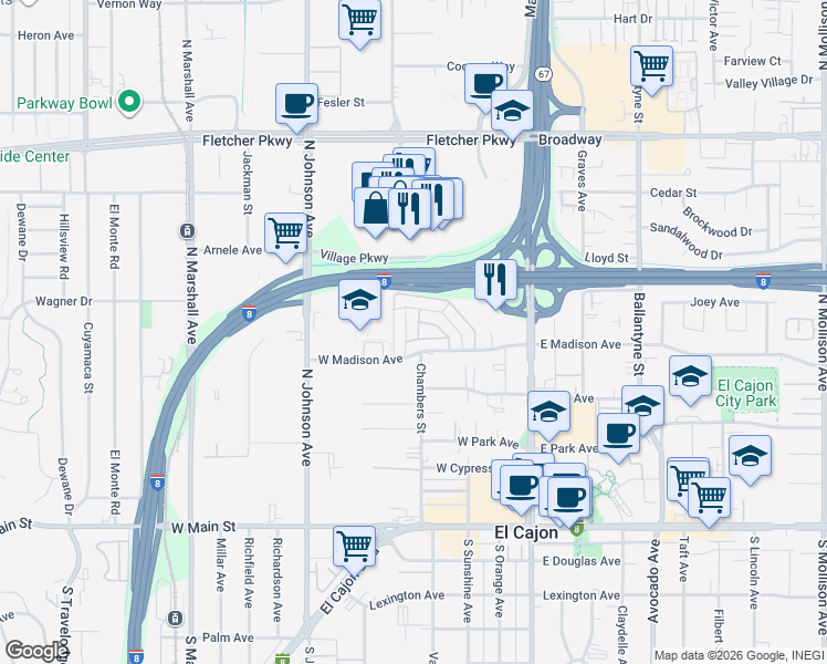 map of restaurants, bars, coffee shops, grocery stores, and more near 599 Chambers Street in El Cajon