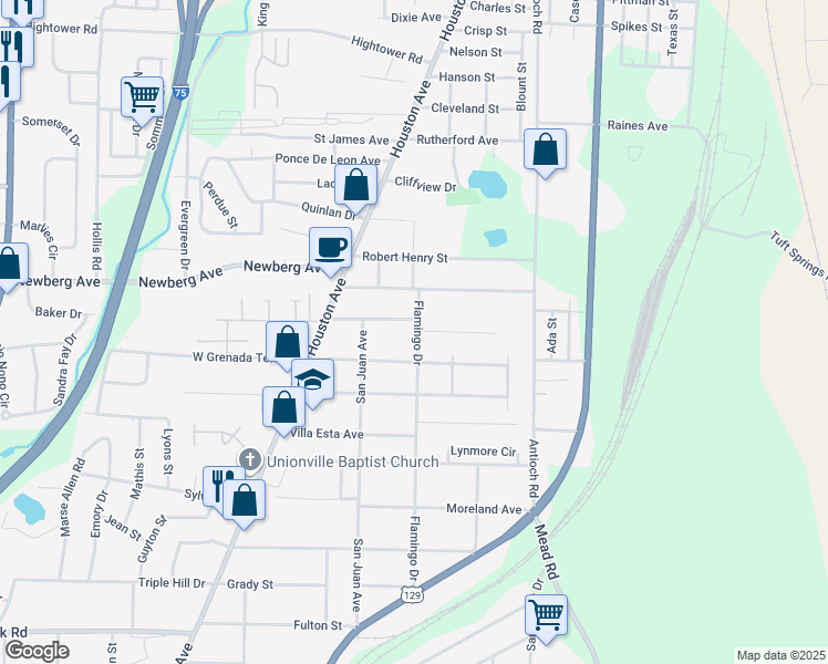 map of restaurants, bars, coffee shops, grocery stores, and more near 3369 Flamingo Drive in Macon