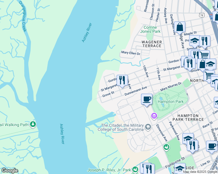 map of restaurants, bars, coffee shops, grocery stores, and more near 242 Saint Margaret Street in Charleston