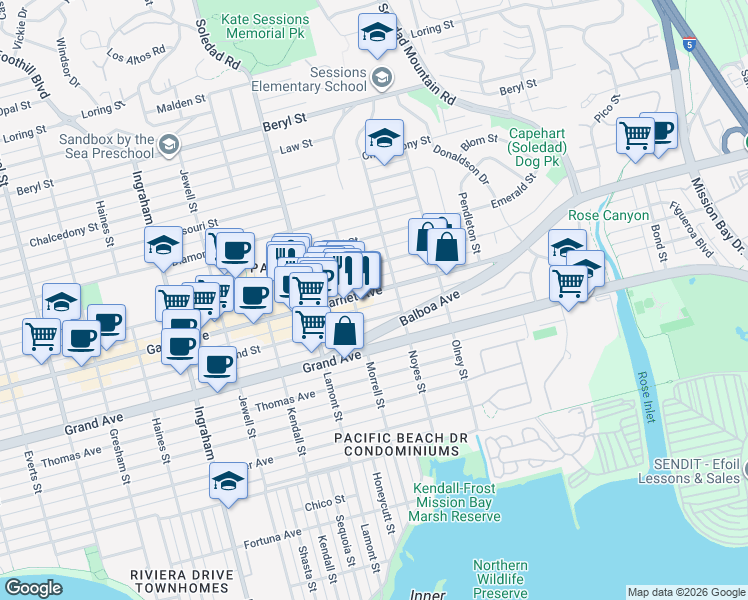 map of restaurants, bars, coffee shops, grocery stores, and more near 2050 Garnet Avenue in San Diego