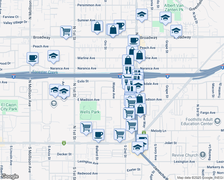 map of restaurants, bars, coffee shops, grocery stores, and more near 530 Wayne Avenue in El Cajon