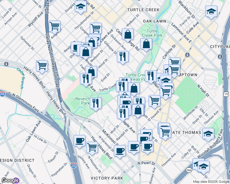 map of restaurants, bars, coffee shops, grocery stores, and more near 3310 Fairmount Street in Dallas