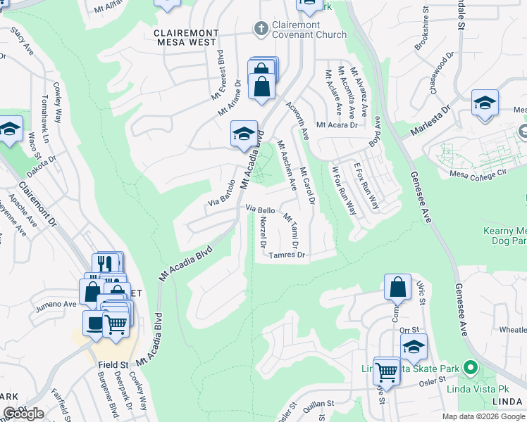 map of restaurants, bars, coffee shops, grocery stores, and more near Via Bello & Norzel Dr in San Diego
