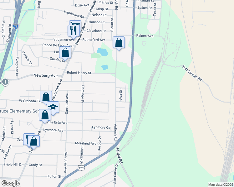 map of restaurants, bars, coffee shops, grocery stores, and more near 3325 Antioch Road in Macon