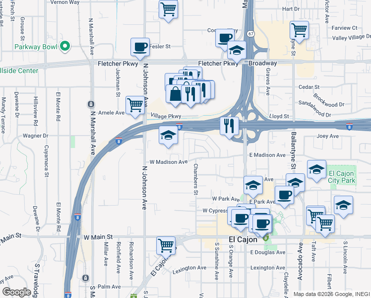 map of restaurants, bars, coffee shops, grocery stores, and more near 550 Chambers Street in El Cajon