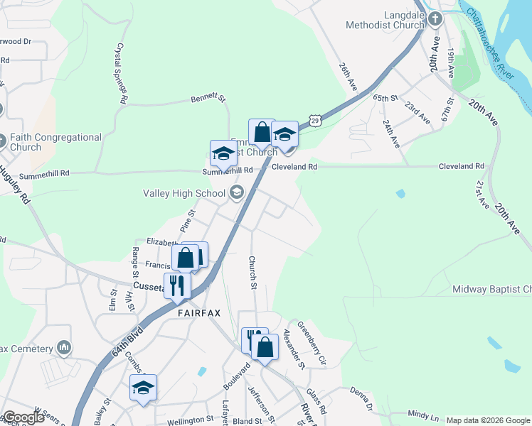 map of restaurants, bars, coffee shops, grocery stores, and more near 502 Chattahoochee Valley Railroad Trail in Valley