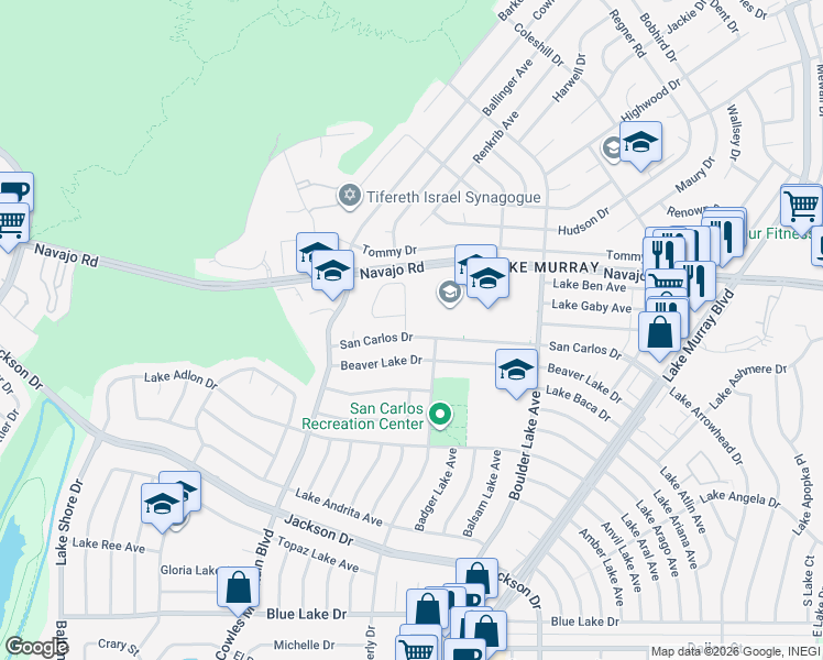 map of restaurants, bars, coffee shops, grocery stores, and more near 6501 Bantam Lake Avenue in San Diego
