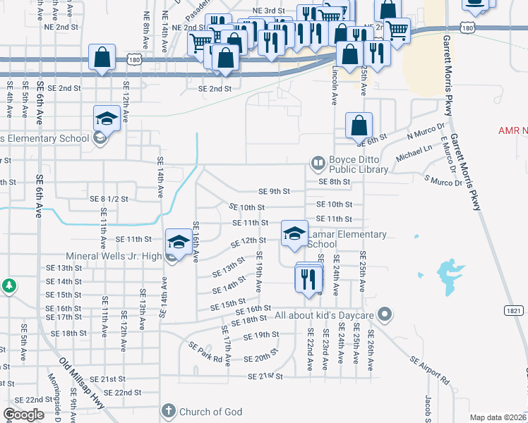 map of restaurants, bars, coffee shops, grocery stores, and more near 2000 Southeast 9th Street in Mineral Wells