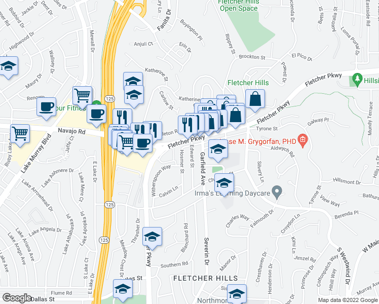 map of restaurants, bars, coffee shops, grocery stores, and more near 554 Edward Street in El Cajon
