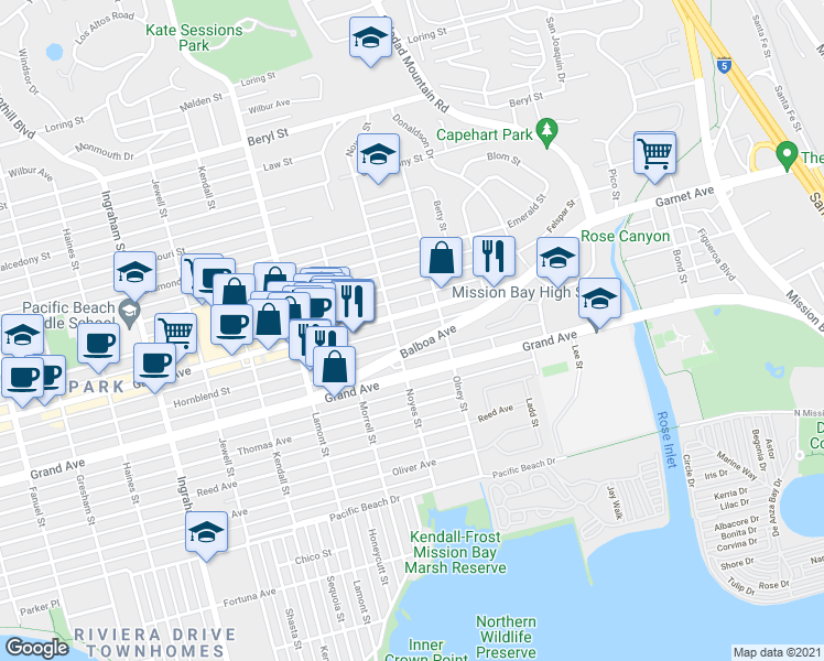 map of restaurants, bars, coffee shops, grocery stores, and more near 2132 Balboa Avenue in San Diego