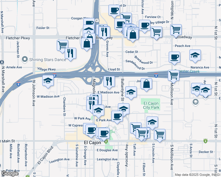 map of restaurants, bars, coffee shops, grocery stores, and more near 205 Beech Street in El Cajon