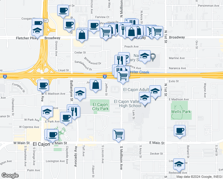 map of restaurants, bars, coffee shops, grocery stores, and more near 588 North Mollison Avenue in El Cajon