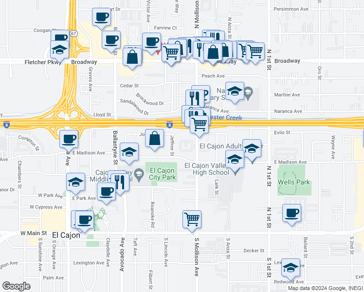 map of restaurants, bars, coffee shops, grocery stores, and more near 878 Friendly Circle in El Cajon