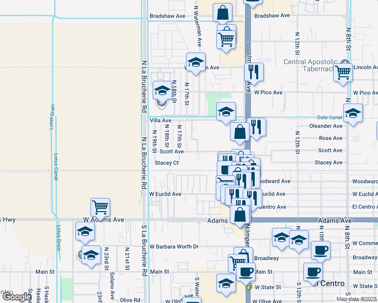 map of restaurants, bars, coffee shops, grocery stores, and more near 1075 N 17th St in El Centro