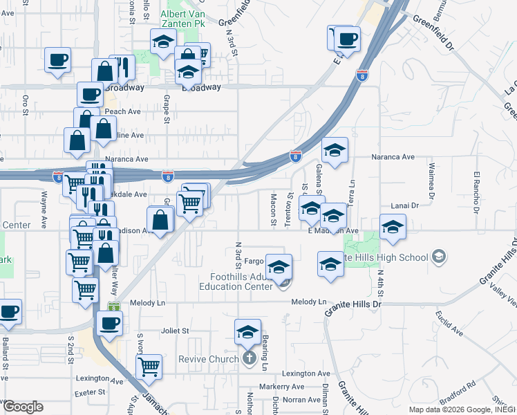 map of restaurants, bars, coffee shops, grocery stores, and more near 582 Macon Street in El Cajon