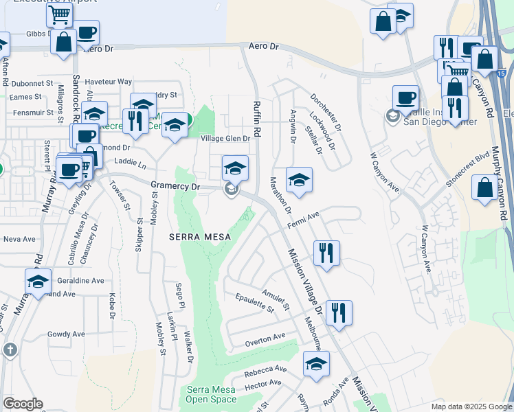 map of restaurants, bars, coffee shops, grocery stores, and more near 3300 Ruffin Road in San Diego