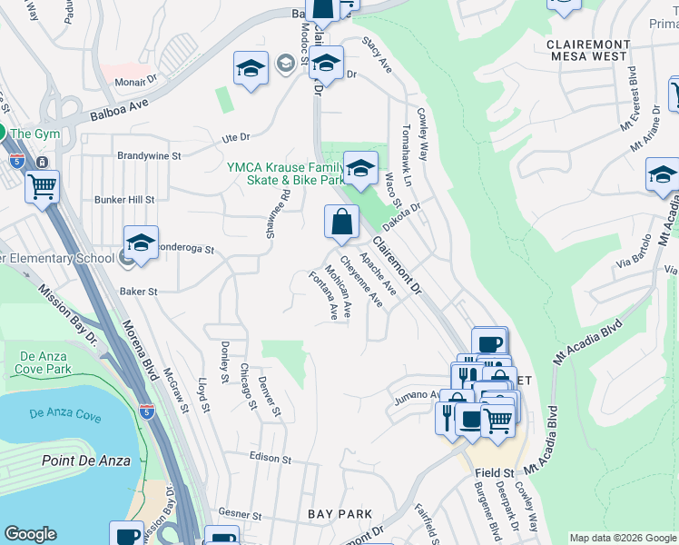 map of restaurants, bars, coffee shops, grocery stores, and more near 3363 Cheyenne Avenue in San Diego