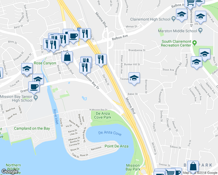 map of restaurants, bars, coffee shops, grocery stores, and more near 3455 Del Rey Street in San Diego