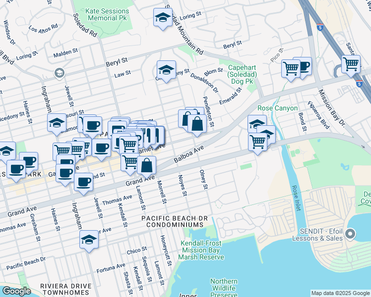 map of restaurants, bars, coffee shops, grocery stores, and more near 2138 Garnet Avenue in San Diego